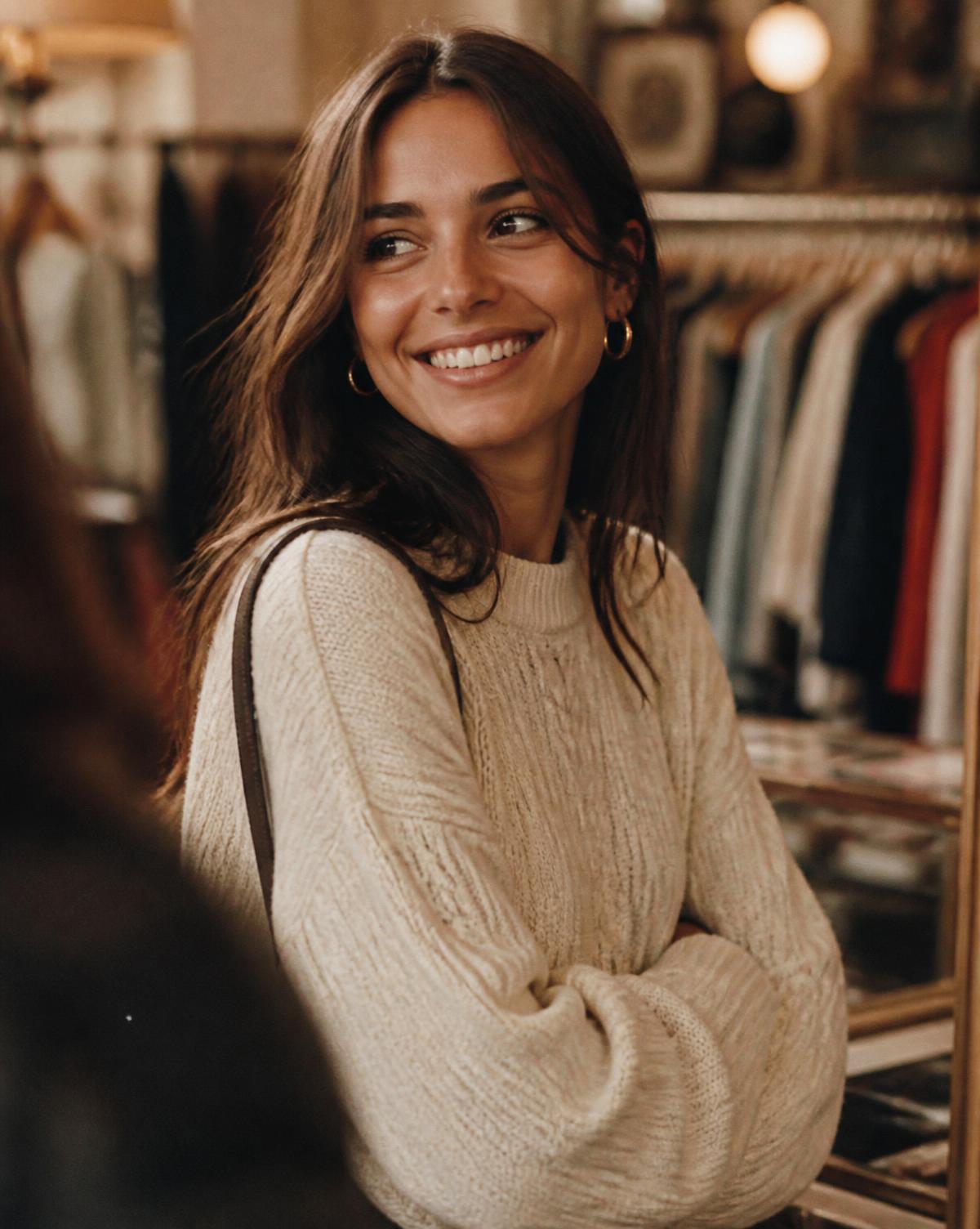 A woman smiling in a vintage clothing store